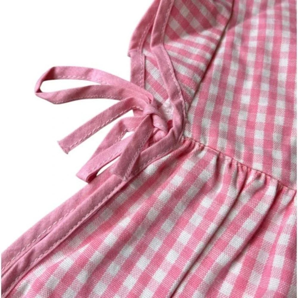 Vtg PINK-WHITE CHECK Pinafore Apron Dress Side Ties Terry Embroidered Yoke 12 M